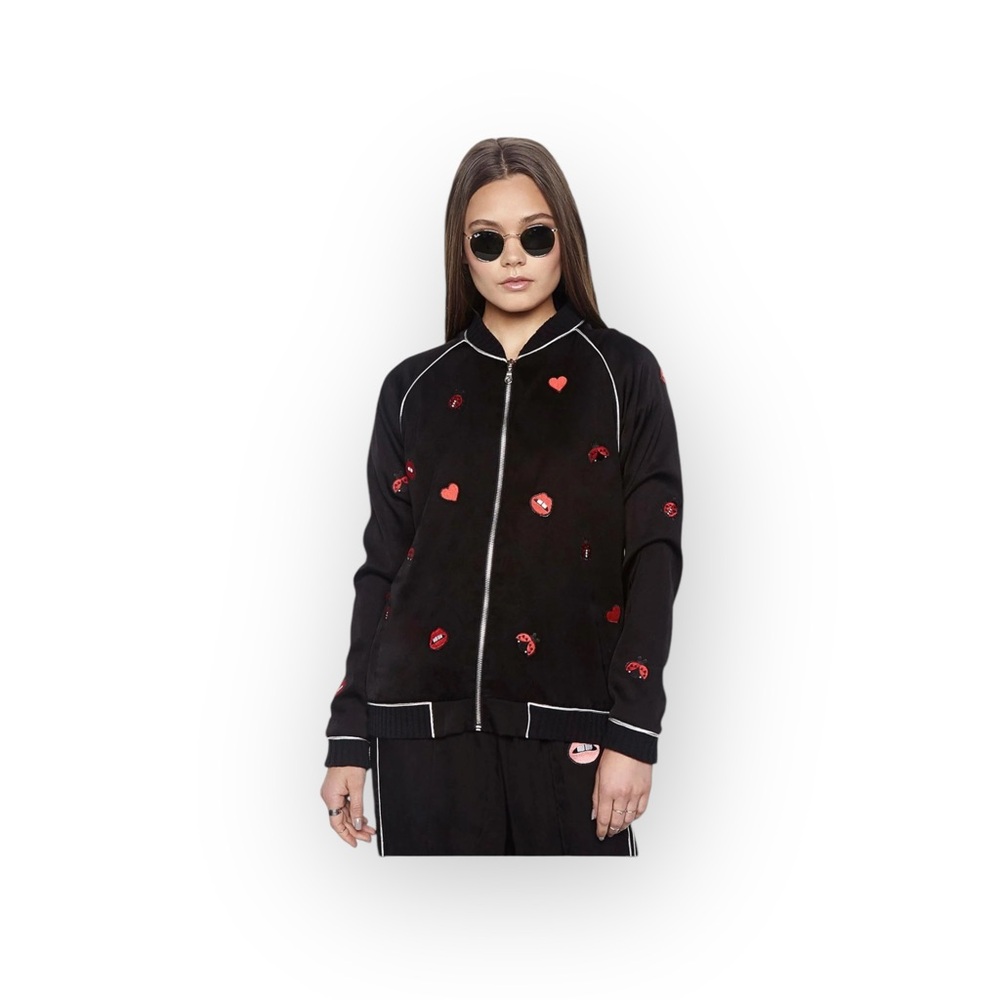 new Lauren Moshi 𖠌 Paris Ladybug Love Kiss Patch Bomber Jacket 𖠌 Black 𖠌 Medium - Picture 2 of 16